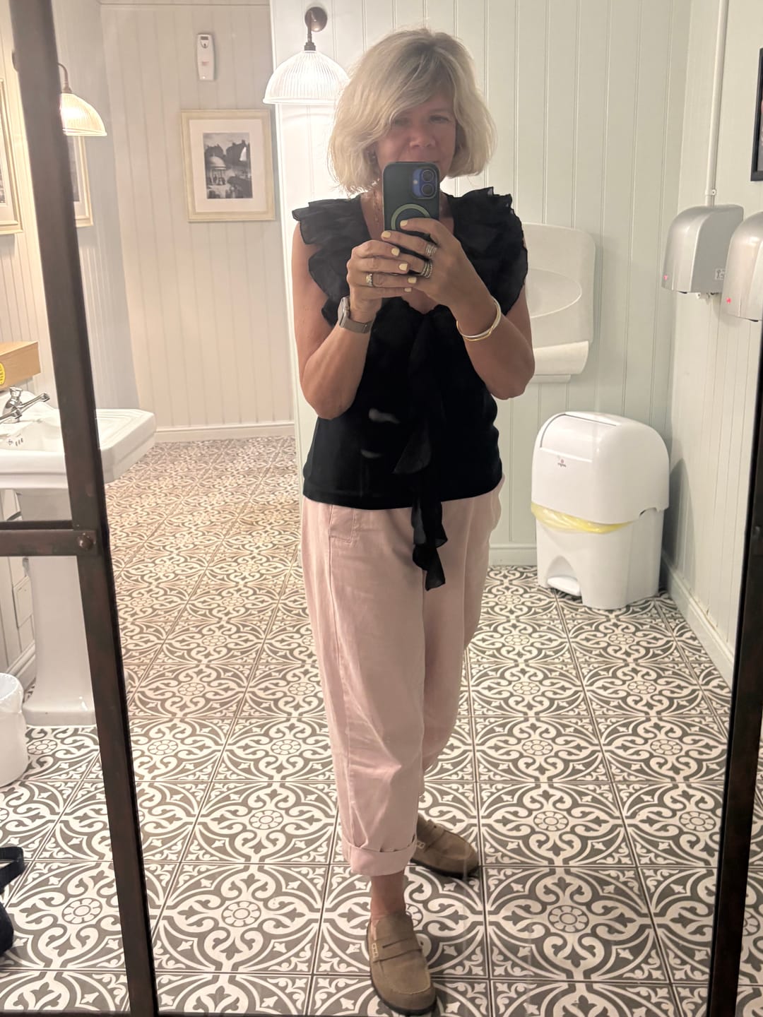Customer photo review of V-Neck Frill Ribbed Vest Top - Black
