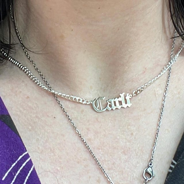 Customer photo review of Old English Nameplate Necklace