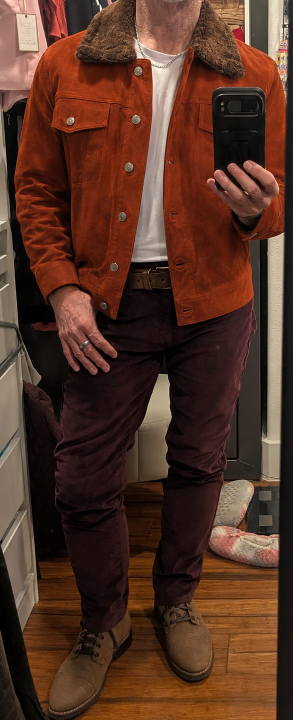 Customer photo review of Satanic Ginger Orange Shearling Suede Leather Trucker Jacket