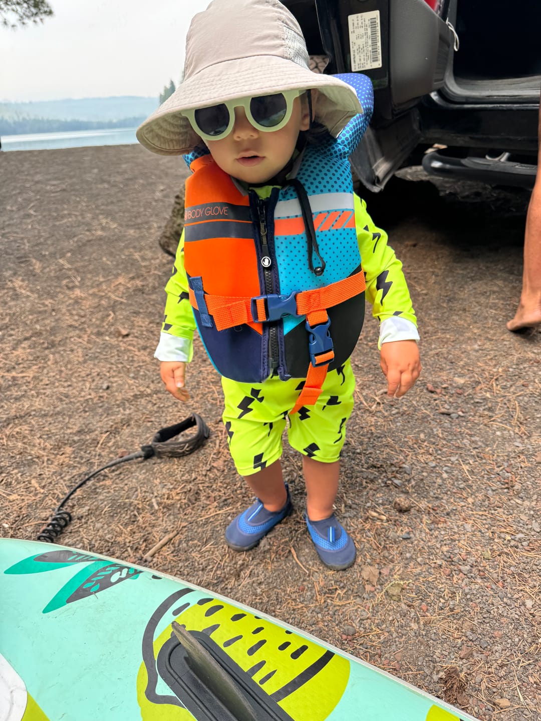 Customer photo review of UPF50+ Boys Swim Romper in Neon Electric Lime x Jagger