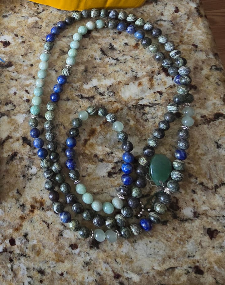 Customer photo review of Natural Amazonite, Aventurine & Jasper Heart Chakra 108 Mala Beads Necklace