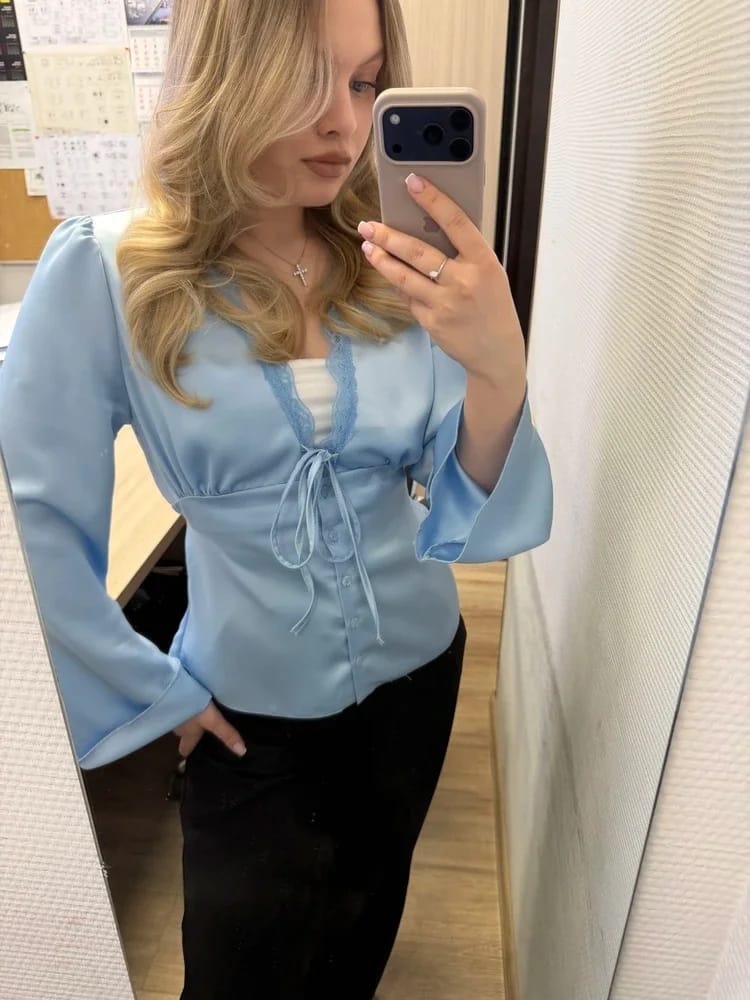 Customer photo review of Bianca Lace-Up Satin Top