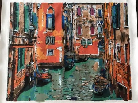 Customer's finished Custom Paint By Numbers painting of a colorful Venice canal scene with gondolas and tall buildings.