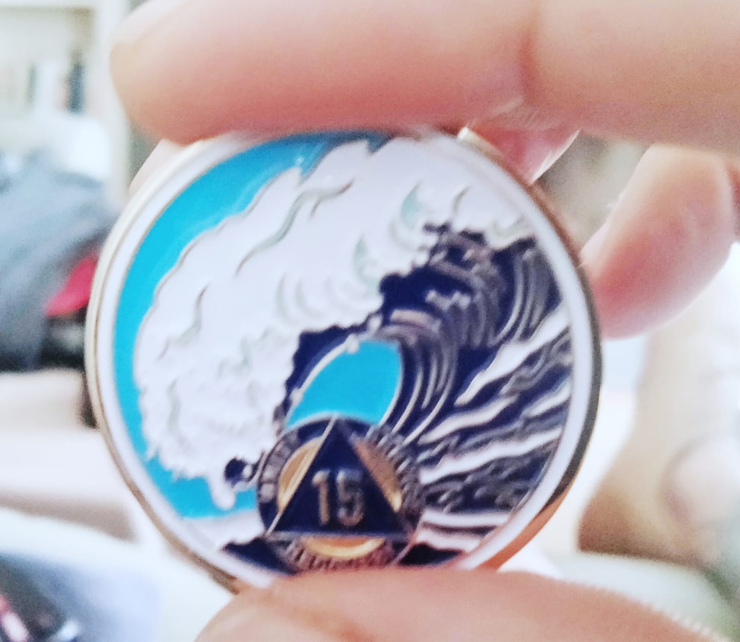 Customer photo review of 15 Year Sobriety Mint Crashing Wave Gold Plated AA Recovery Medallion - Fifteen Year Chip/Coin - Blue/White