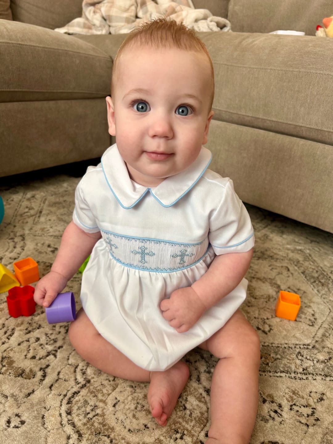 Customer photo review of Blue Cross Smocked White Boy Bubble