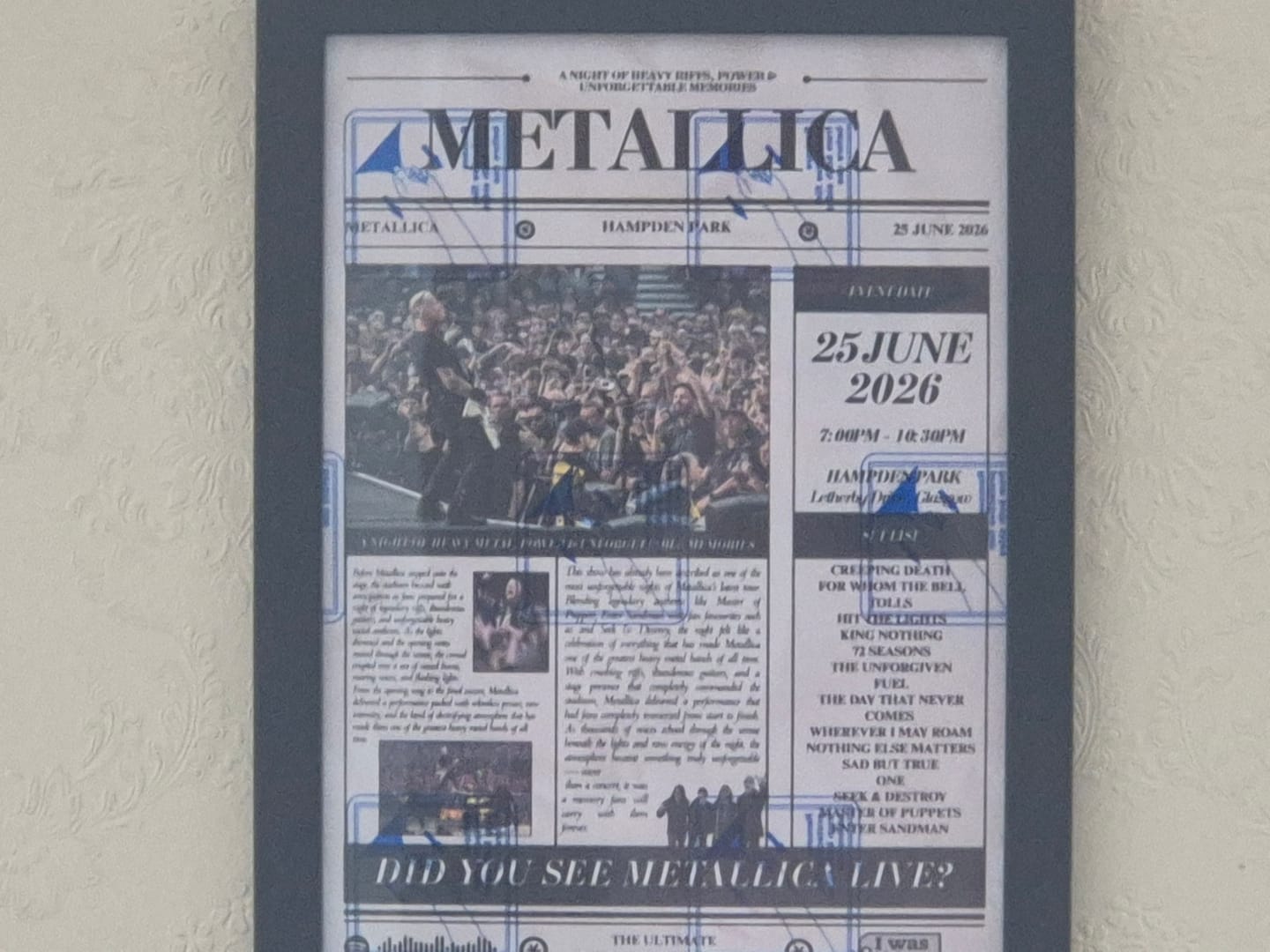 Customer photo review of Metallica - Personalised Newspaper Style Concert Poster