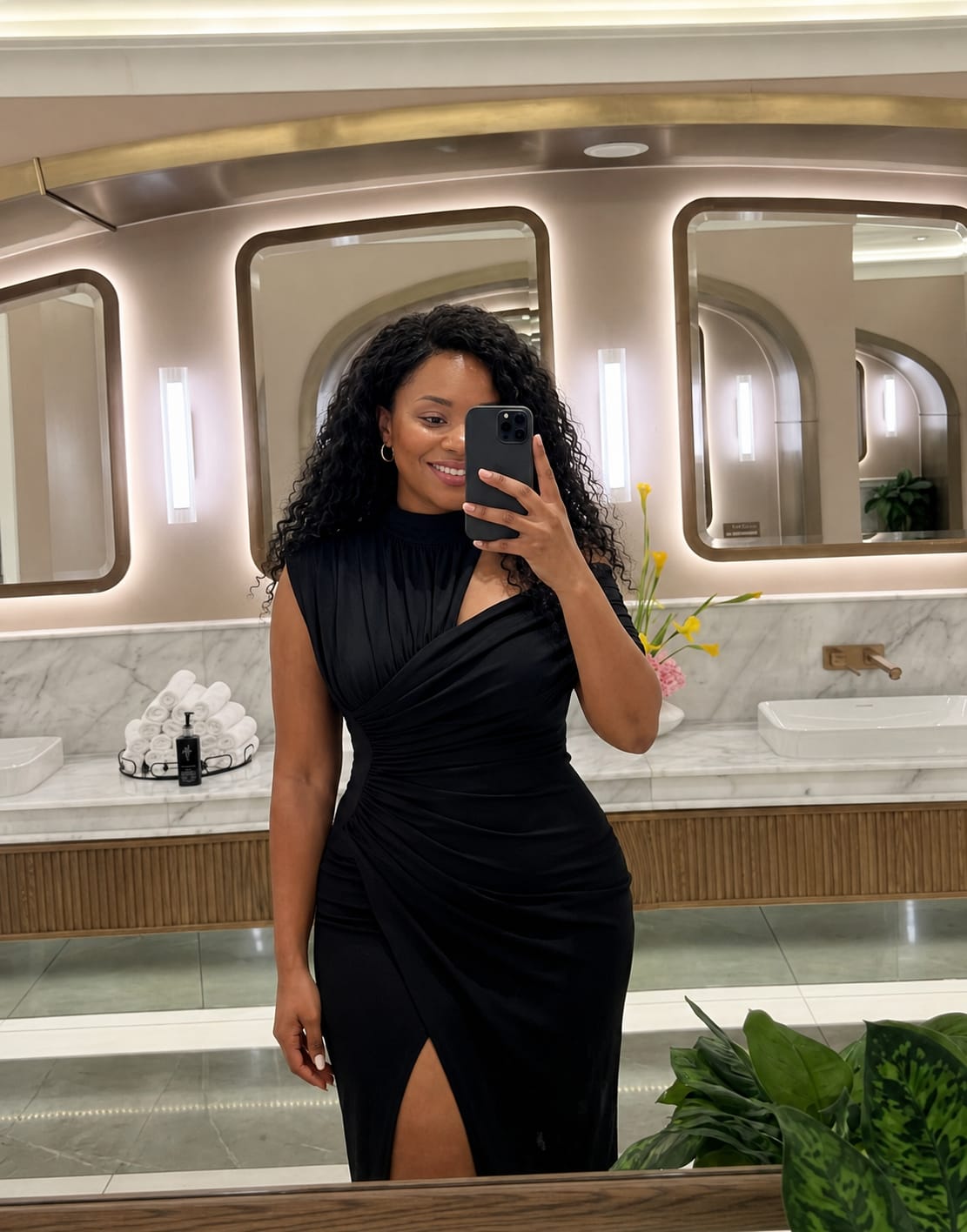 Customer photo review of Solid color One-shoulder Draped Asymmetrical Midi Dress