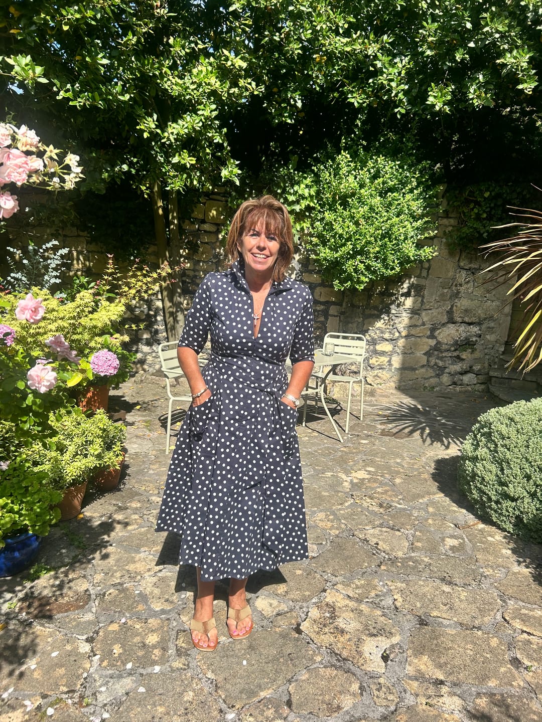 Customer photo review of The 'Zip Pocket' Dress in Navy Polka Dot