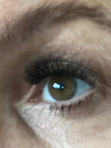 Nahaufnahme des Auges einer Kundin, die die aufgetragenen Pre-Glued 2.0 Wimpern trägt.
