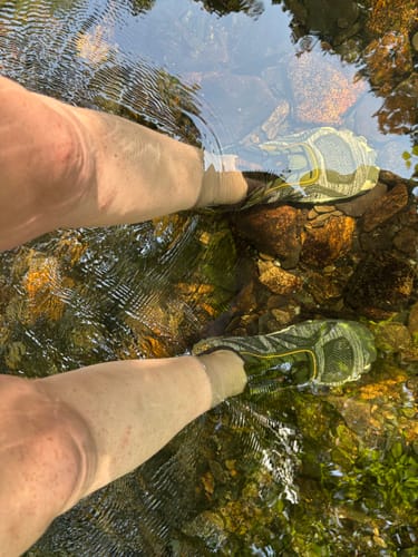 A customer's feet wearing Active II Pro barefoot shoes while standing in a clear, shallow stream.