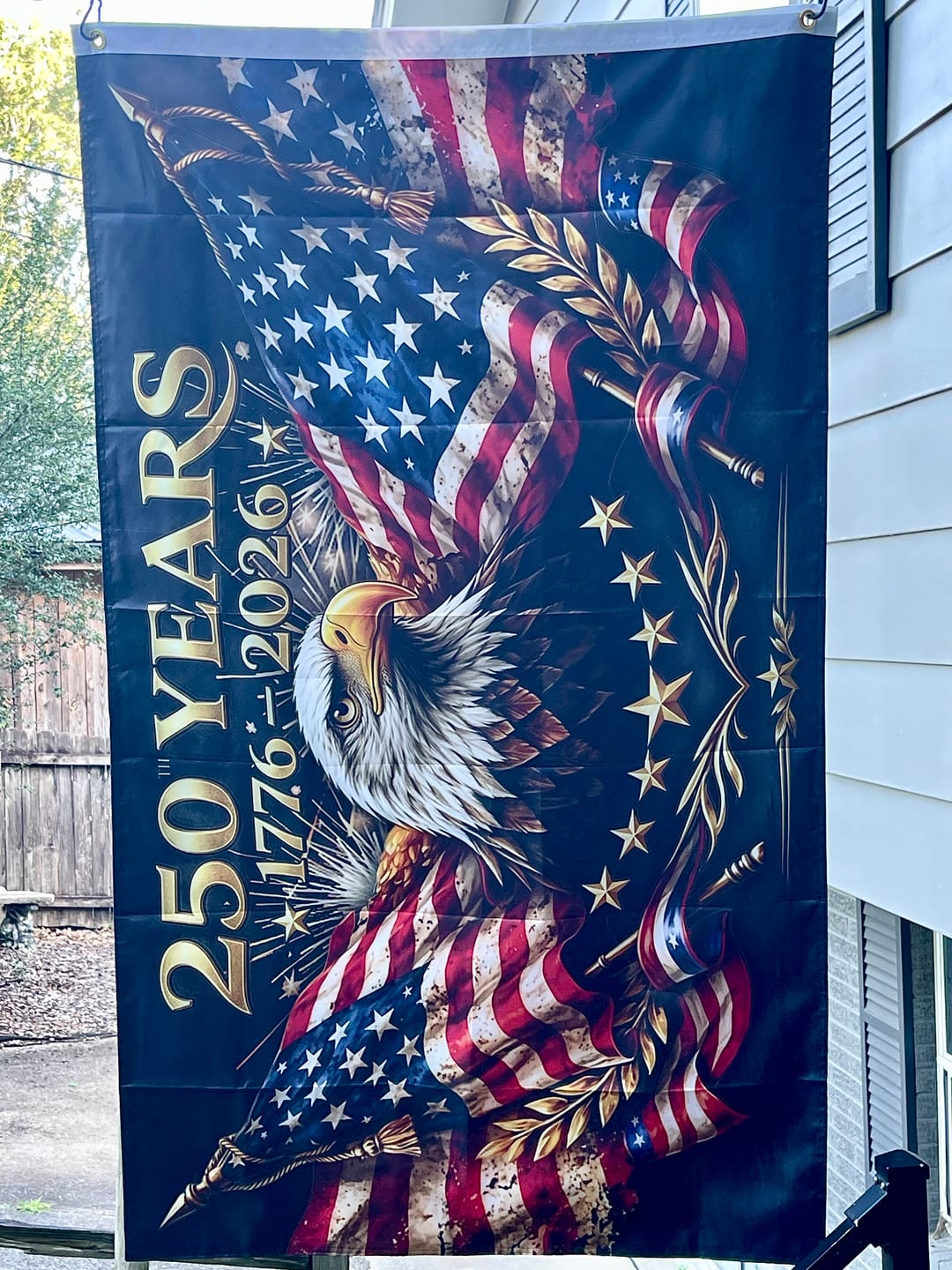 Customer photo review of The Eagle Rises: America 250th Anniversary Flag