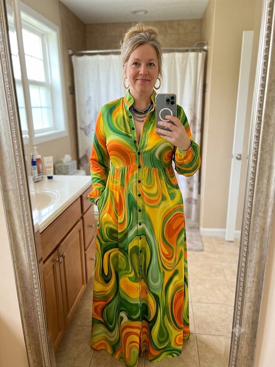 Customer photo review of Printed Pockets Pleated Contrast Color Loose Long Sleeves Stand Collar Maxi Dresses