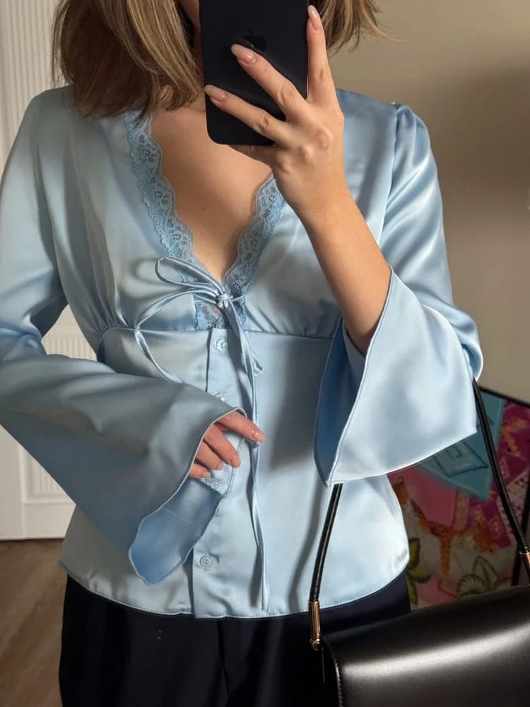 Customer photo review of Bianca Lace-Up Satin Top