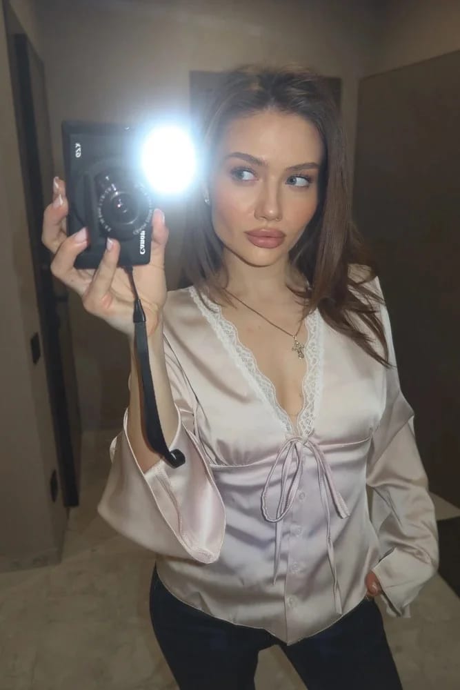 Customer photo review of Bianca Lace-Up Satin Top