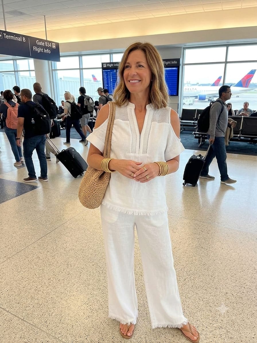 Customer photo review of Fringed Cold Shoulder Half-Zip Solid Color Short Sleeve Blouses&Shirts Tops +  Pants Bottoms Trousers Two Pieces Set