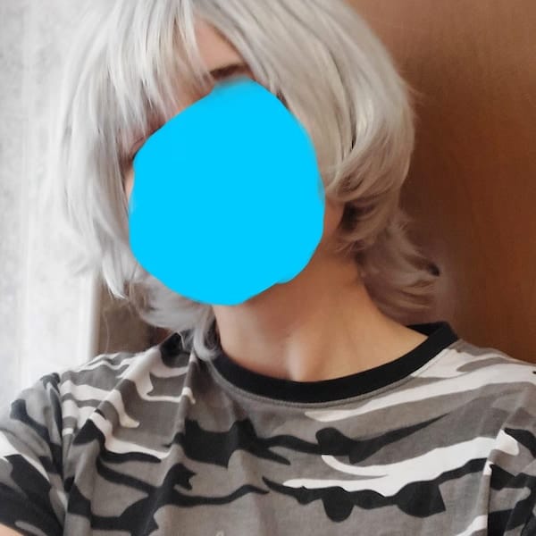 Customer photo review of Men Silver Gray Short Straight Fringe Bangs Cosplay Wig