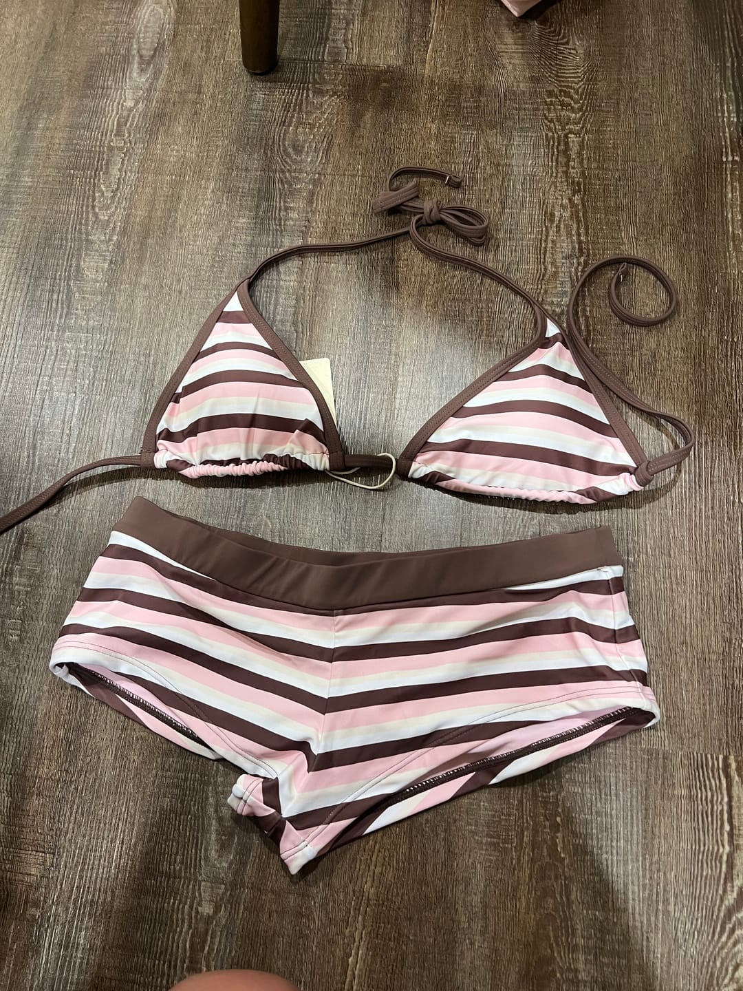 Customer photo review of Seamolly Colorblock Striped Halter Triangle Boyshorts Bikini Set