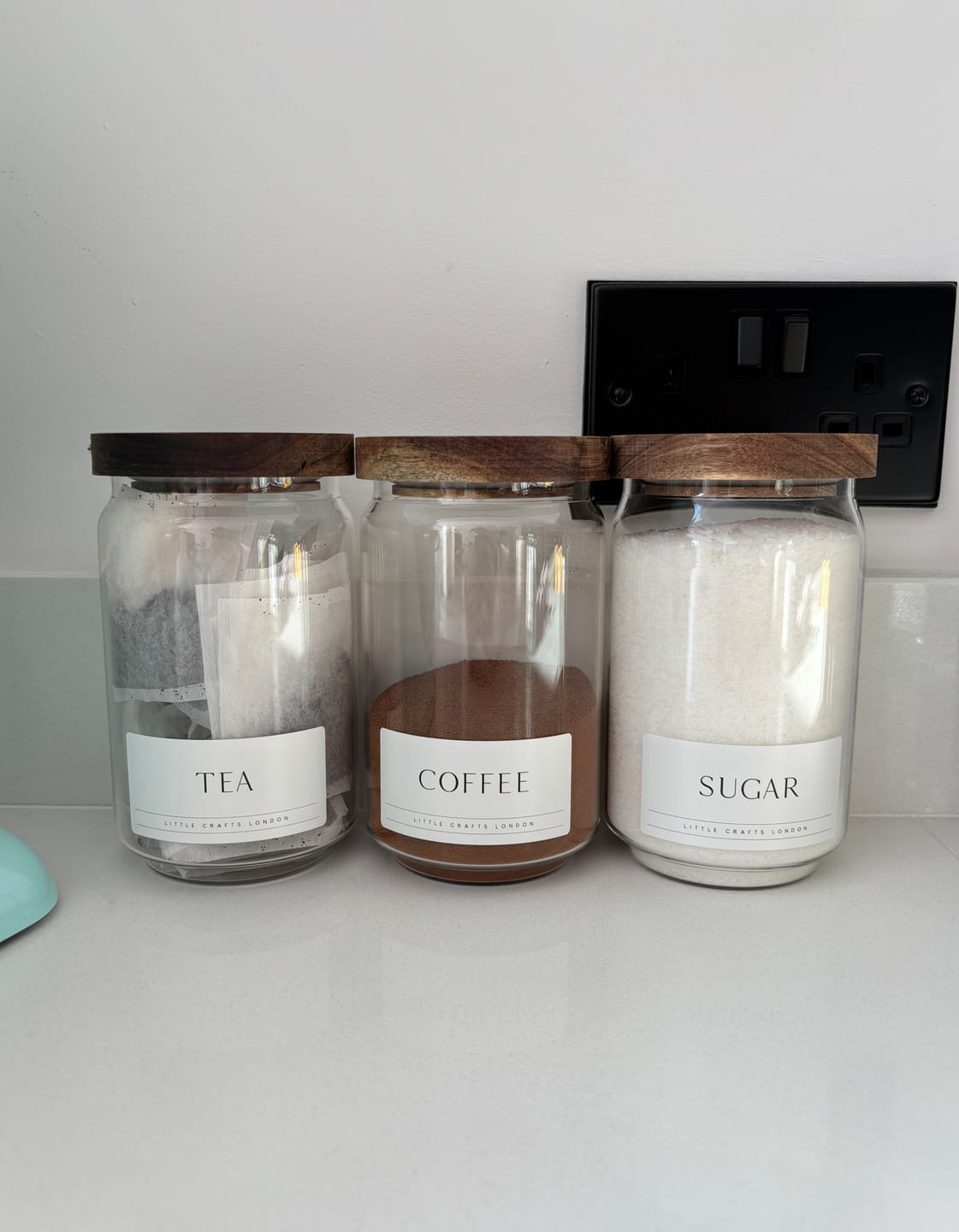 Customer photo review of Set of 3 Acacia Glass Jars Tea, Coffee and Sugar 750 ML [LABEL SLIM]