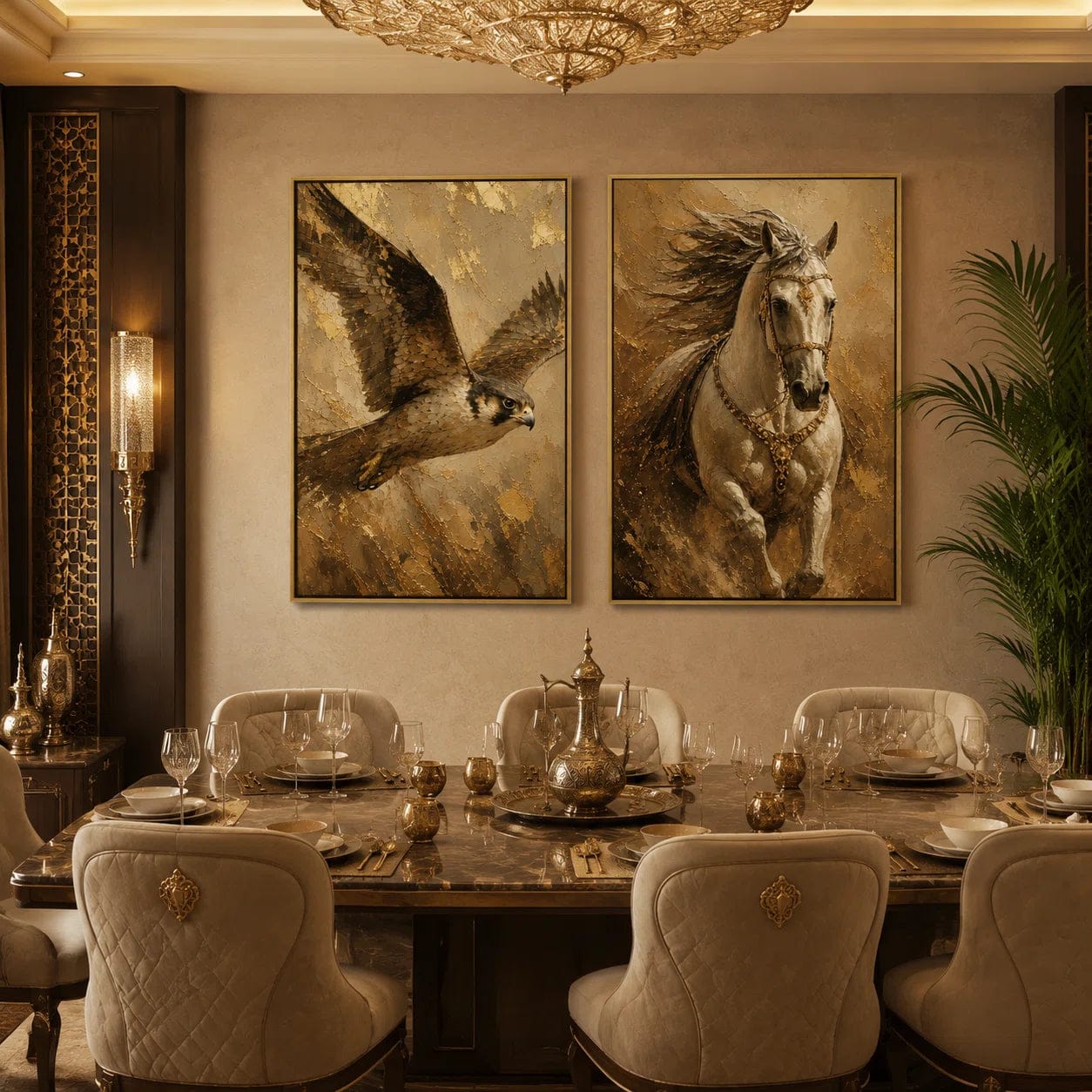 Customer photo review of Artura Paint | The Golden Horizon: Falcon & Arabian Horse  (Bespoke Gallery Diptych Set)