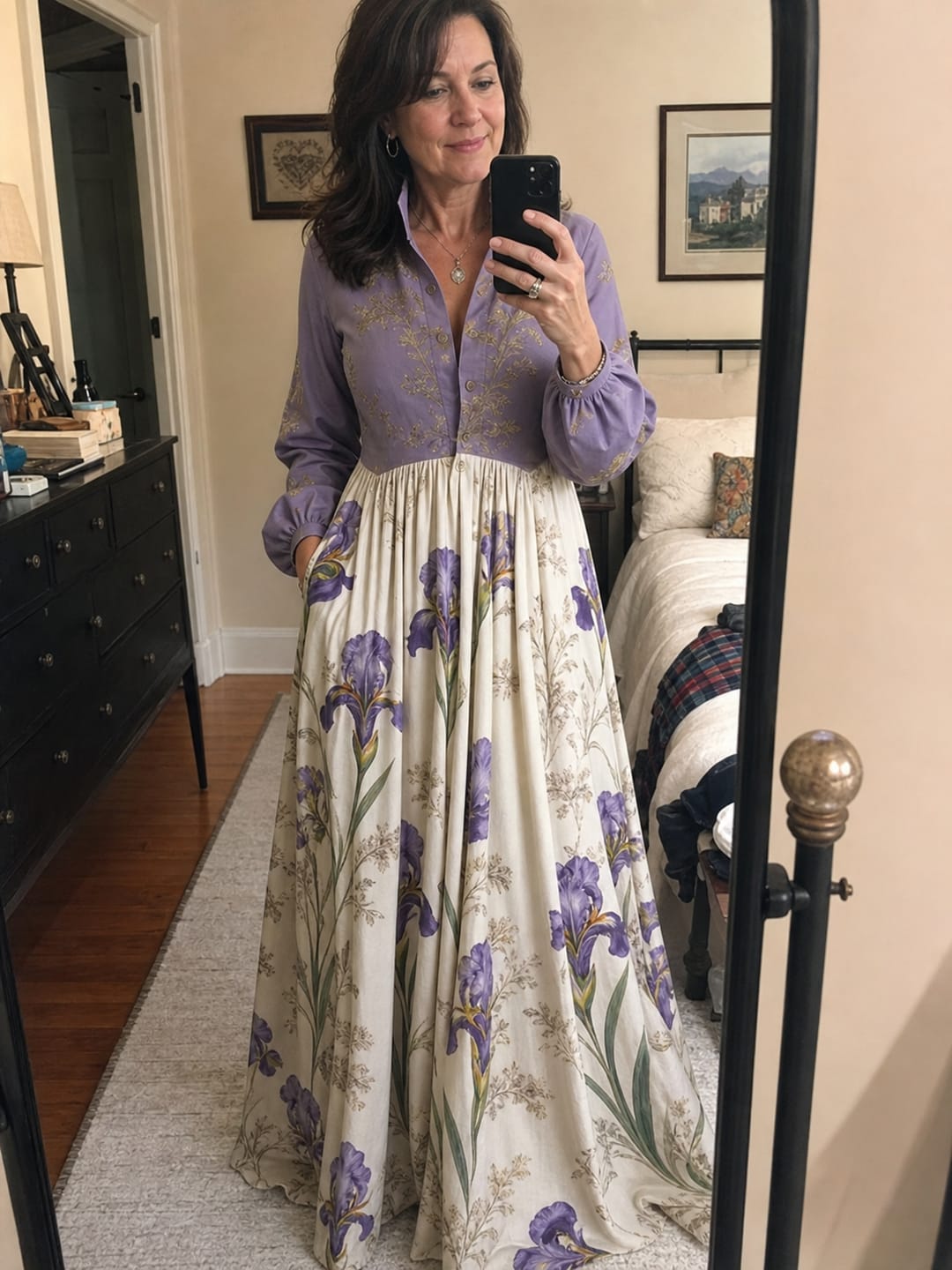 Customer photo review of A-Line High Waisted Buttoned Contrast Color Flower Print Pockets Ruched Split-Joint Stand Collar Maxi Dresses