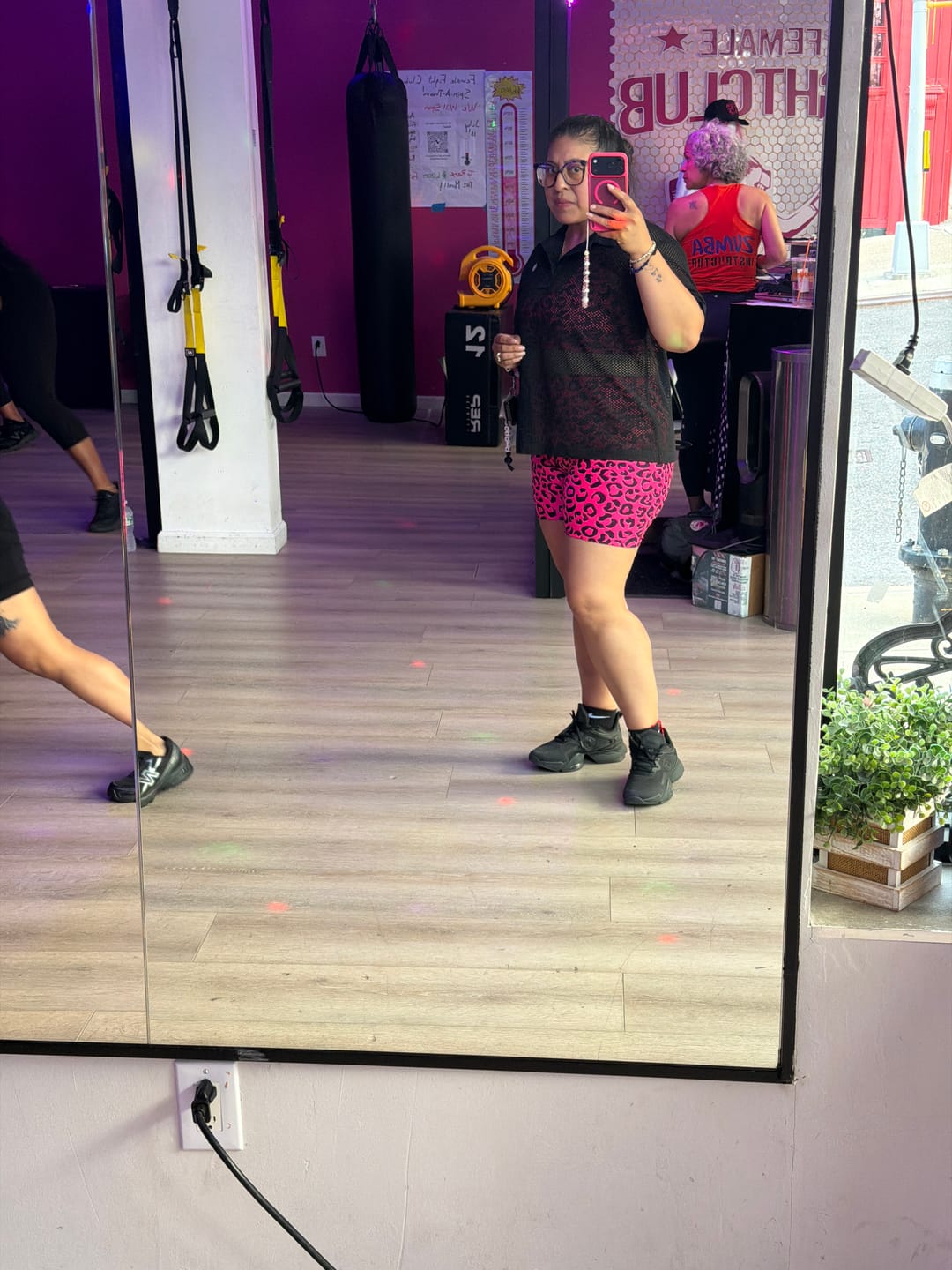 Customer photo review of Zumba Sizzlin' High Waisted Biker Shorts - Pink/Black