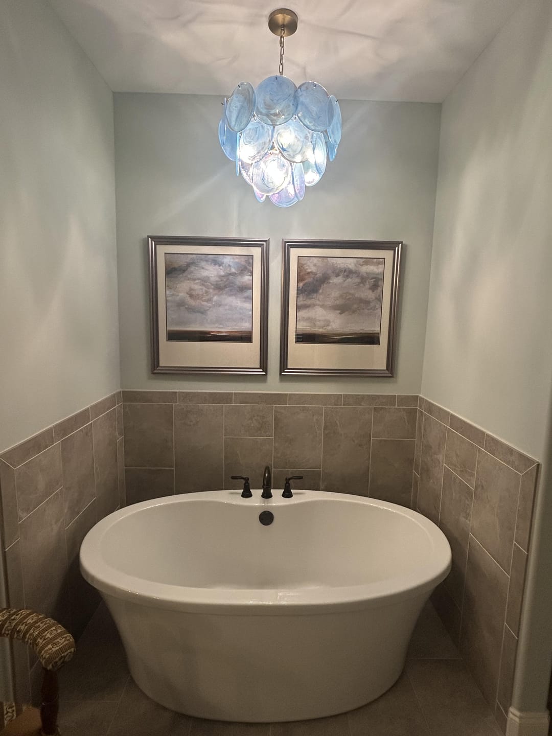 Customer photo review of Glam Blue Iridescent Swirl Glass Round Tiered Chandelier