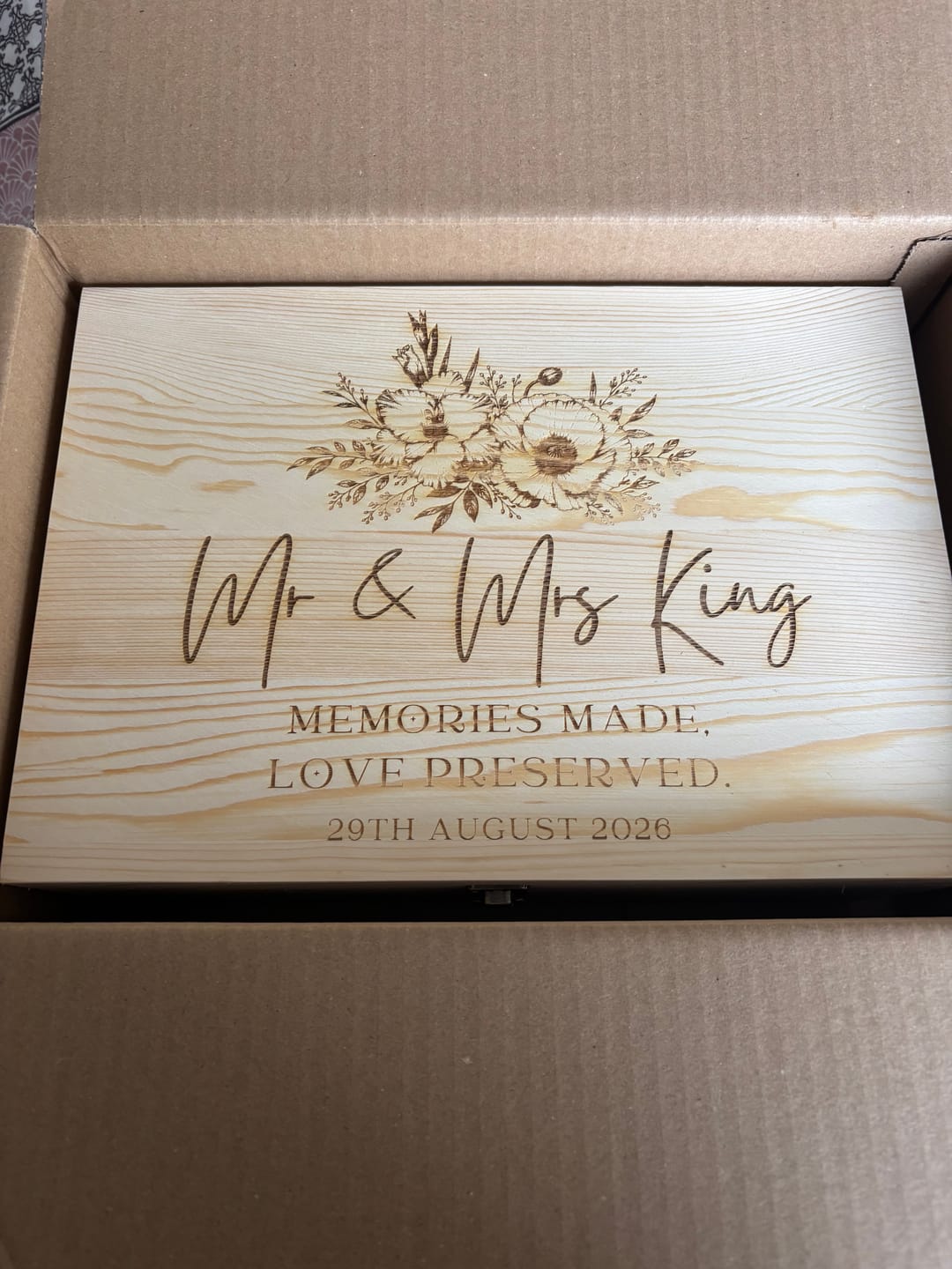 Customer photo review of Custom Engraved Wedding/ Anniversary Wooden Treasure Keepsake Box