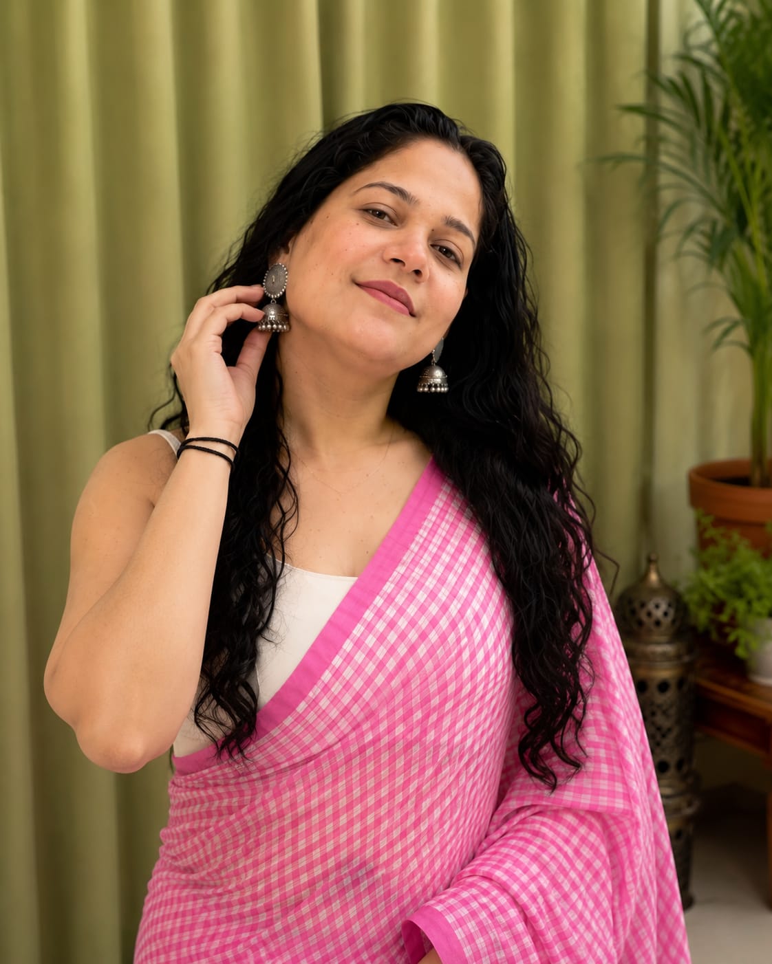 Customer photo review of Gingham Check Pink Mulmul Cotton Saree
