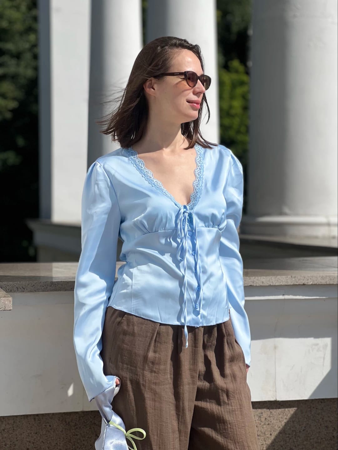 Customer photo review of Bianca Lace-Up Satin Top