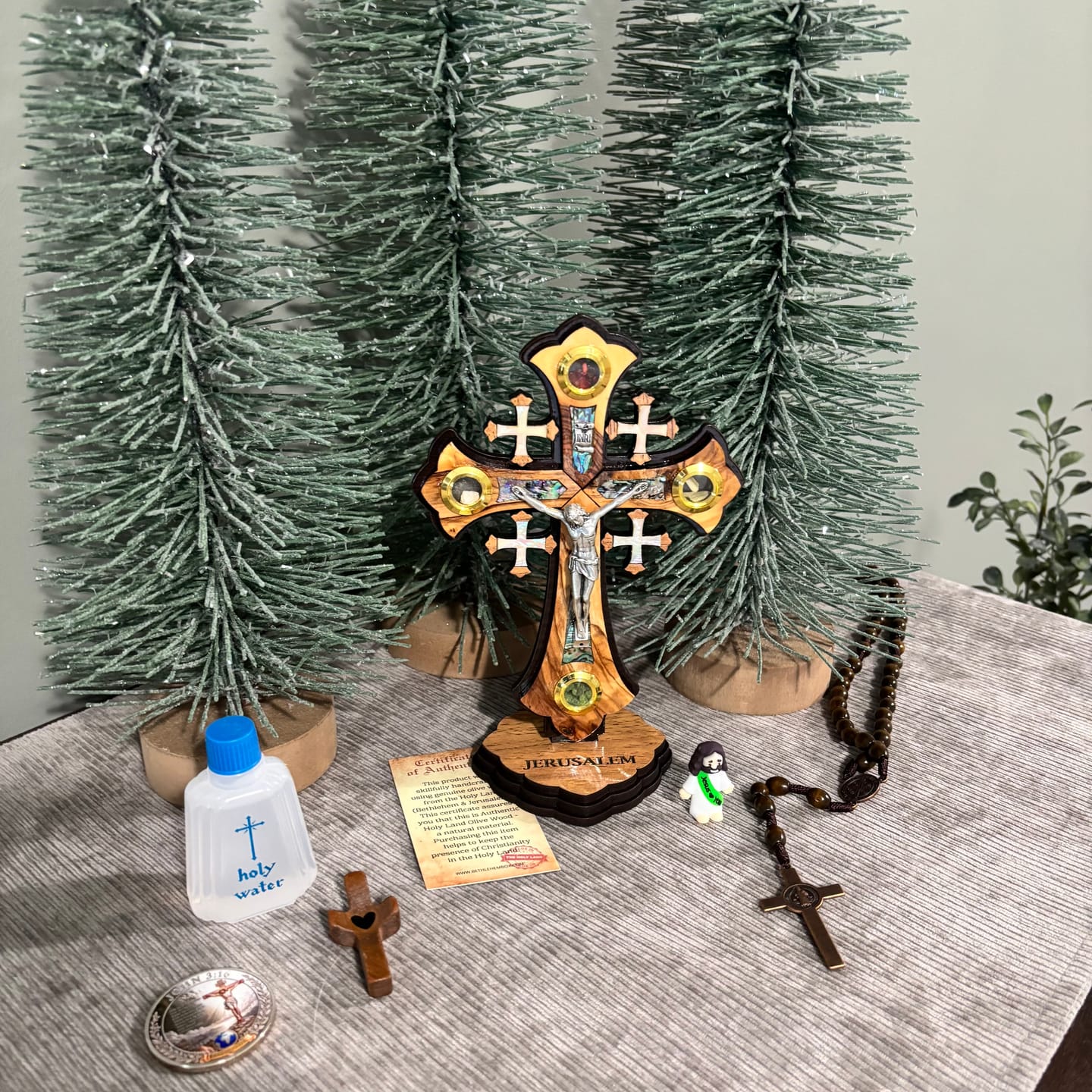 Customer photo review of Olive Wood Jerusalem Crucifix with Removable Stand
