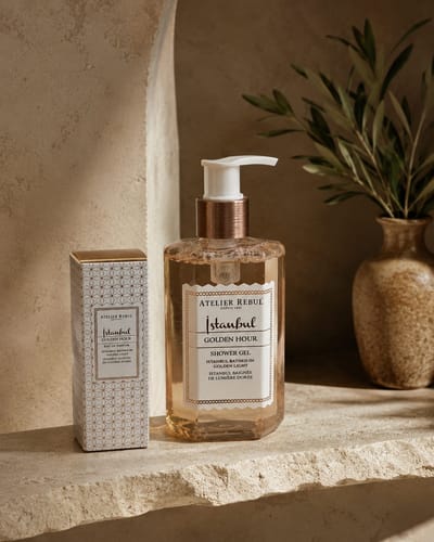 Customer's Istanbul Golden Hour Eau De Parfum box displayed next to the matching shower gel on a stone ledge.