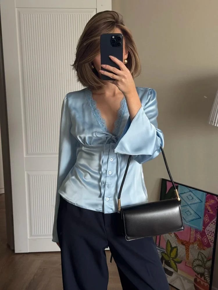Customer photo review of Bianca Lace-Up Satin Top