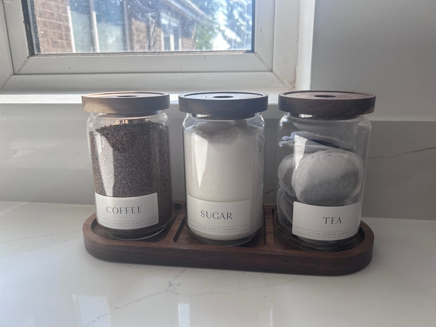 Customer photo review of Set of 3 Acacia Glass Jars Tea, Coffee and Sugar 750 ML & Rectangle Tray [LABEL SLIM]
