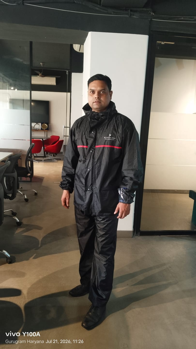 Customer photo review of Black with Red Chest Pipe  - Rain Jacket with Pant and Mobile Pouch