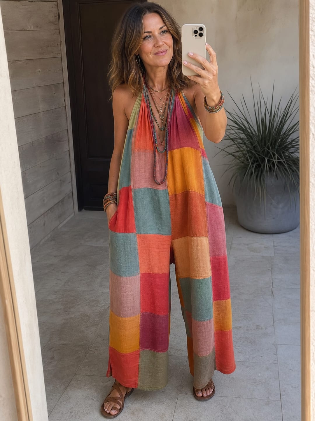 Customer photo review of Loose Sleeveless Contrast Color Plaid Halter-Neck Jumpsuits