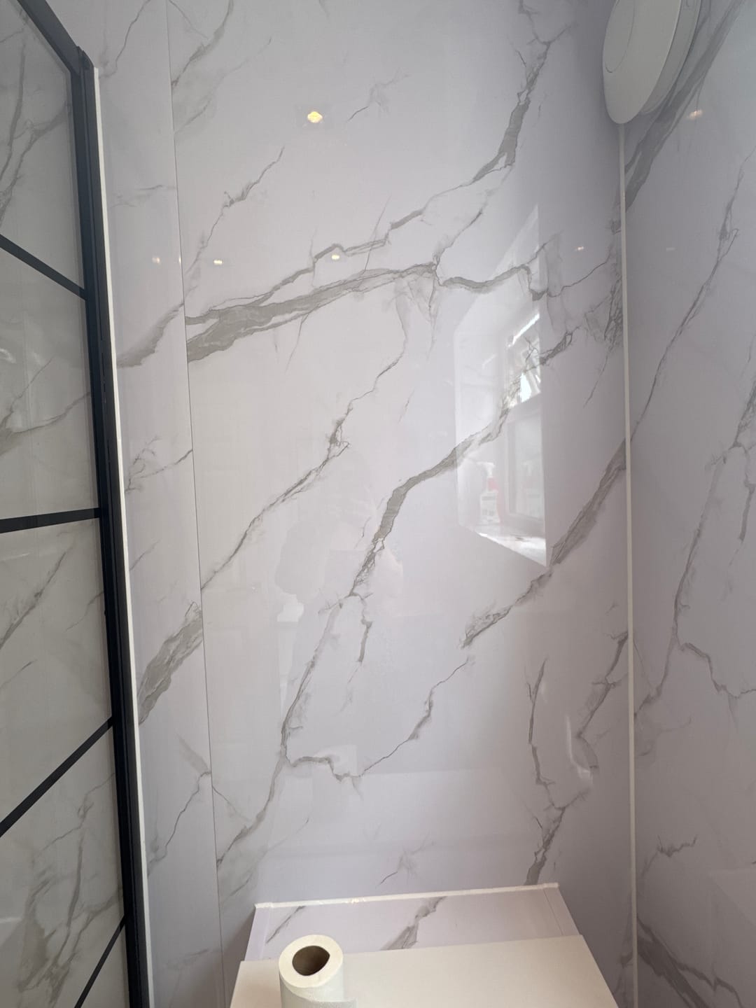 Customer photo review of Premium Carrara White Marble Gloss Shower Wall Panel - 1M x 2.4M
