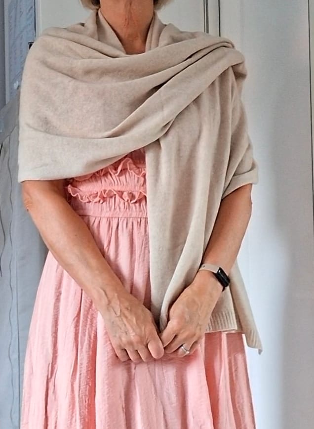 Customer photo review of Brand New Sand Beige Recycled Cashmere Wrap