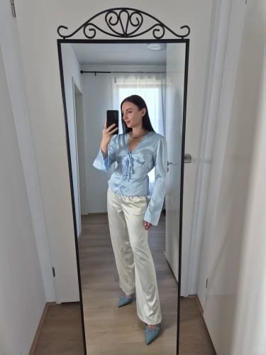Customer photo review of Bianca Lace-Up Satin Top