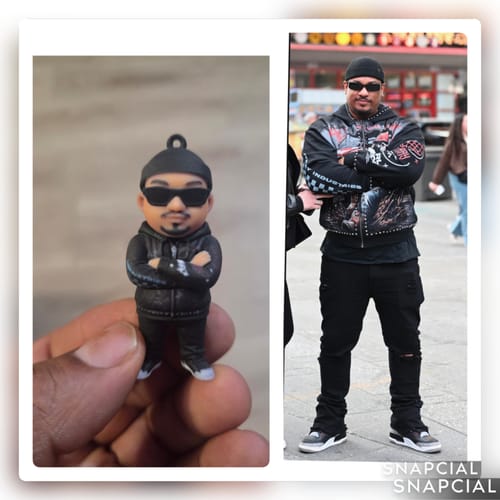 Customer showing a side-by-side comparison of their custom chibi figure keychain and the original photo it's based on.