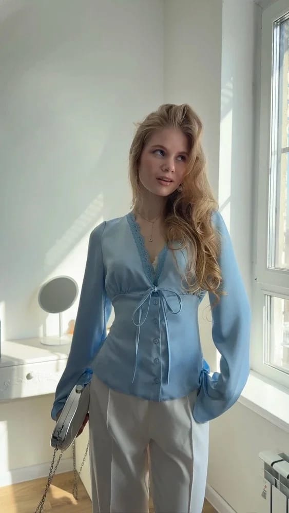 Customer photo review of Bianca Lace-Up Satin Top