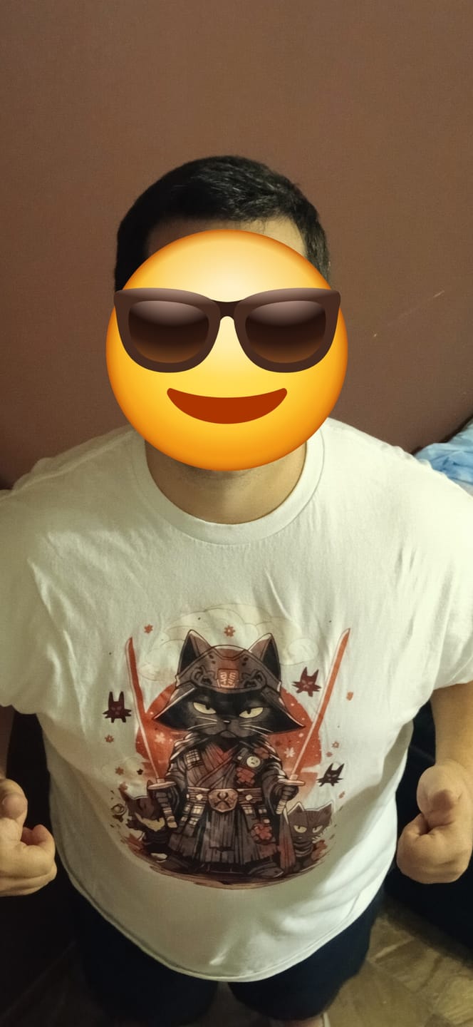 Customer photo review of Meow of the Shadow Side: Dark Samurai Cat T-Shirt