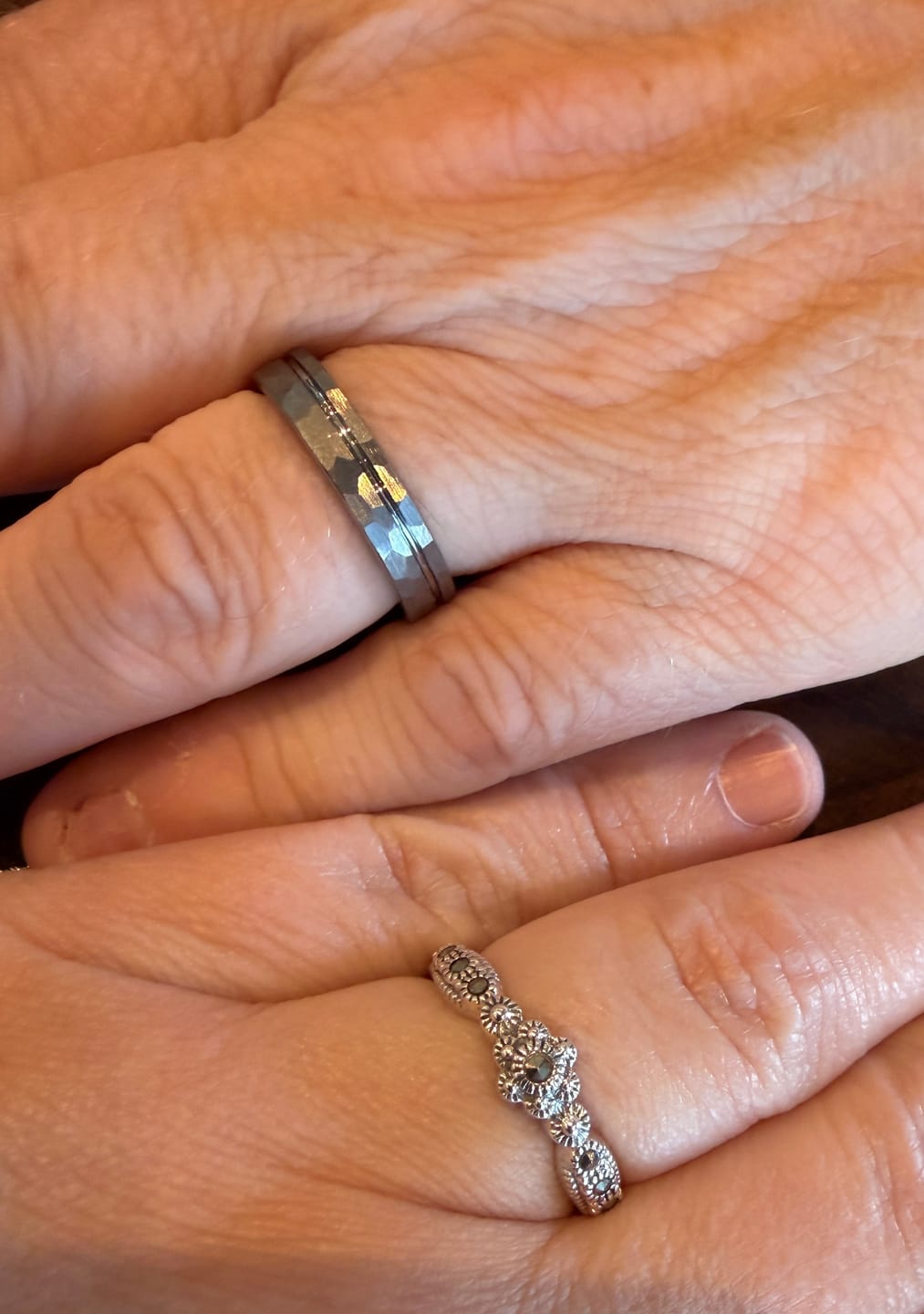 Customer photo review of Bold Hammered Silver Band with Stripe - 4mm