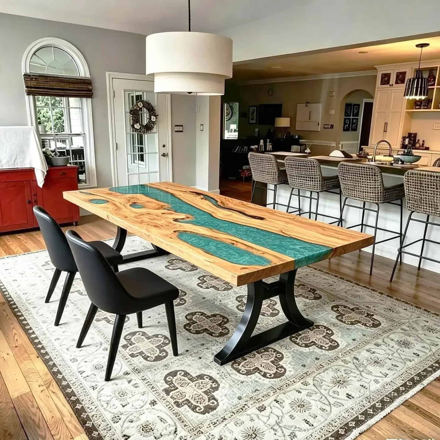 Customer photo review of Custom Olive Wood Epoxy River Dining Table – Turquoise Tide Resin with Beveled Edge | Solid Wood Table CRT-332