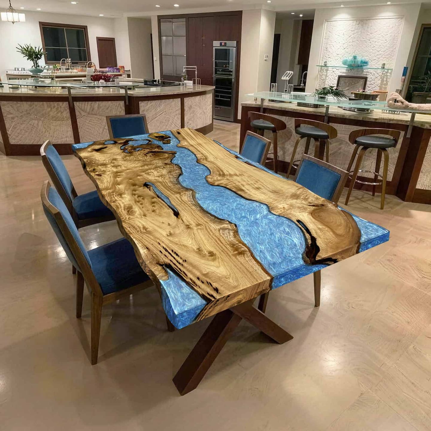 Customer photo review of Custom Olive Wood Epoxy River Dining Table – Turquoise Tide Resin with Beveled Edge | Solid Wood Table CRT-332