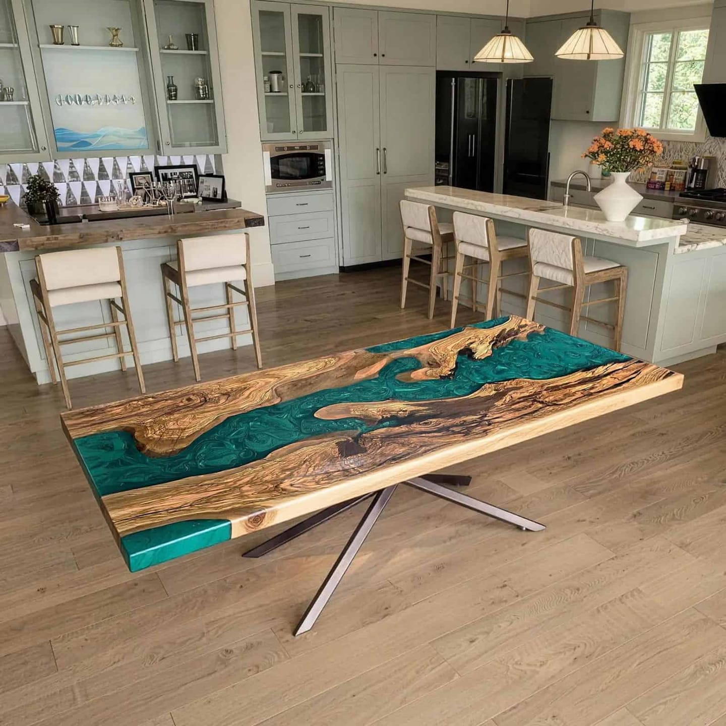 Customer photo review of Custom Olive Wood Epoxy River Dining Table – Turquoise Tide Resin with Beveled Edge | Solid Wood Table CRT-332