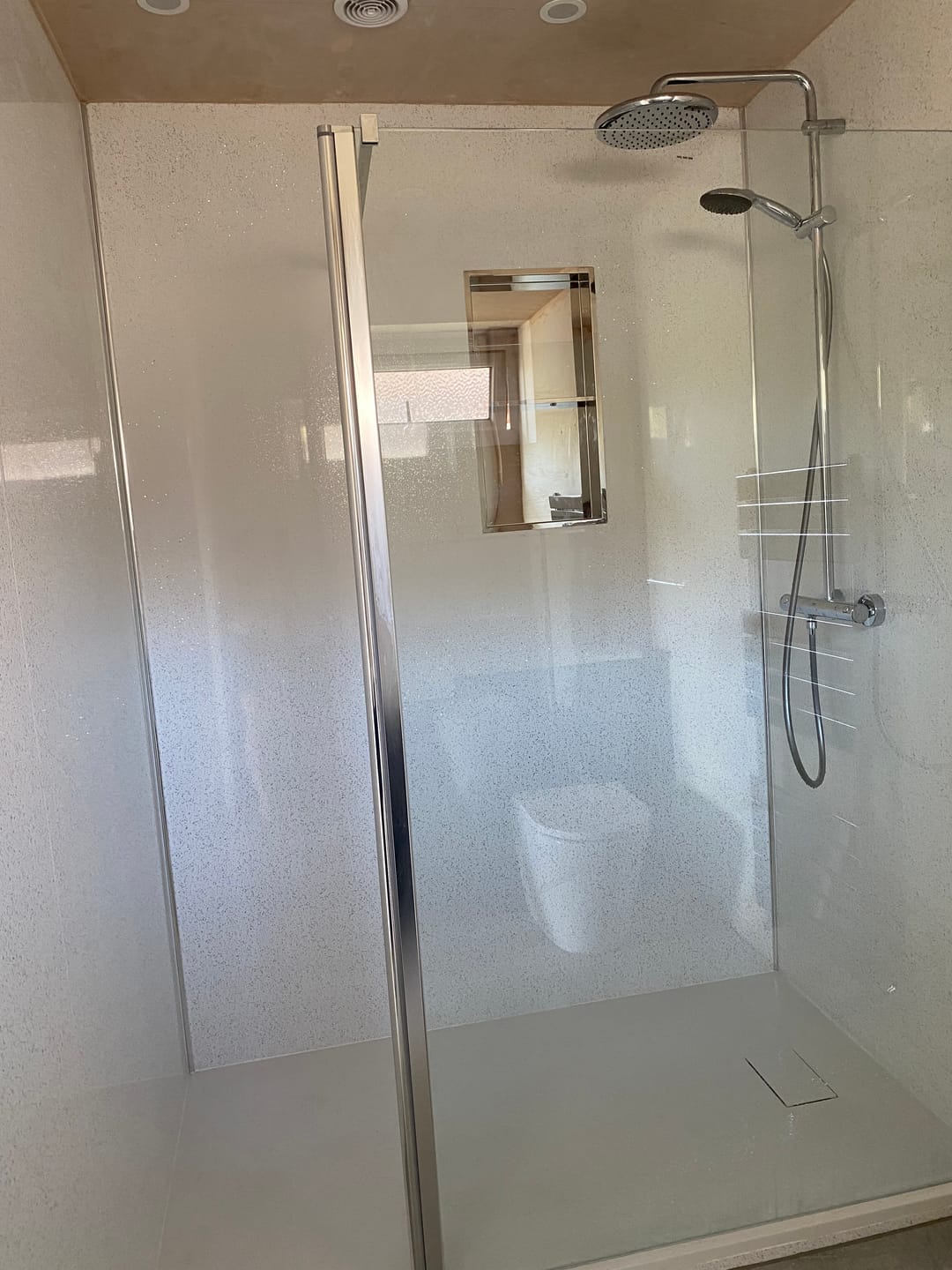 Customer photo review of 10mm Platinum White Sparkle Gloss Shower Panel 1M x 2.4M