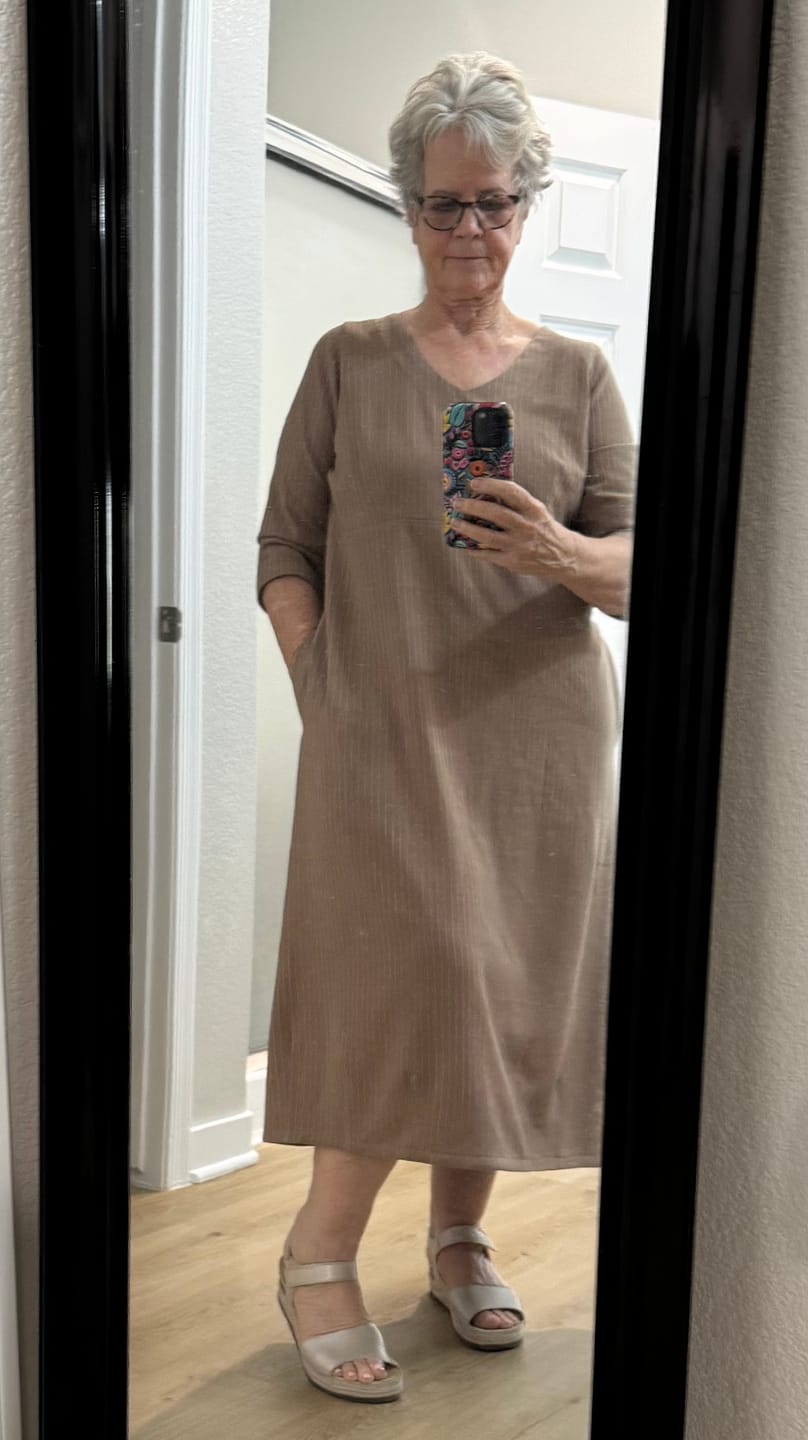 Customer photo review of Tan Resort Pinstripe Linen Blend