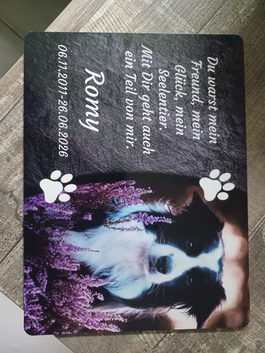 Customer photo review of Hunde Gedenktafel mit Foto & Spruch (UV- & Wetterfest)