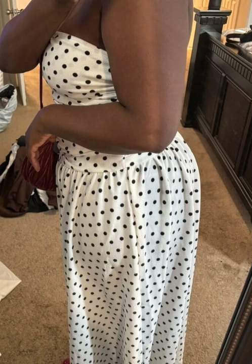 Customer photo review of Women's Polka Dot Strapless Maxi Dress Sleeveless A Line Flared Knitted Fabric Casual Dress