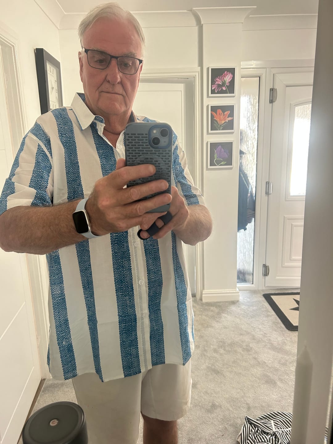 Customer photo review of Men's Vintage Blue Vertical Striped Casual Short Sleeve Shirt